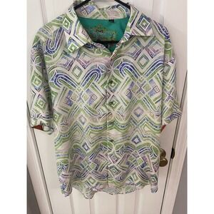 Robert Graham Silk Road Shirt Mens XL Green Blue Geometric Abstract Short Sleeve